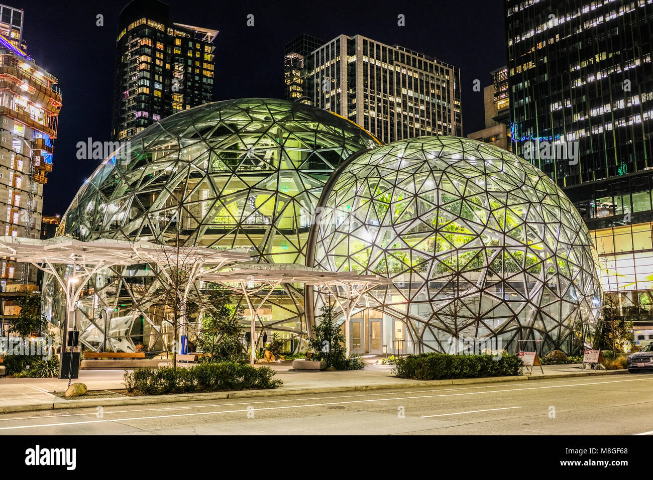 The glass dome Spheres at Amazon headquarter at night in downtown