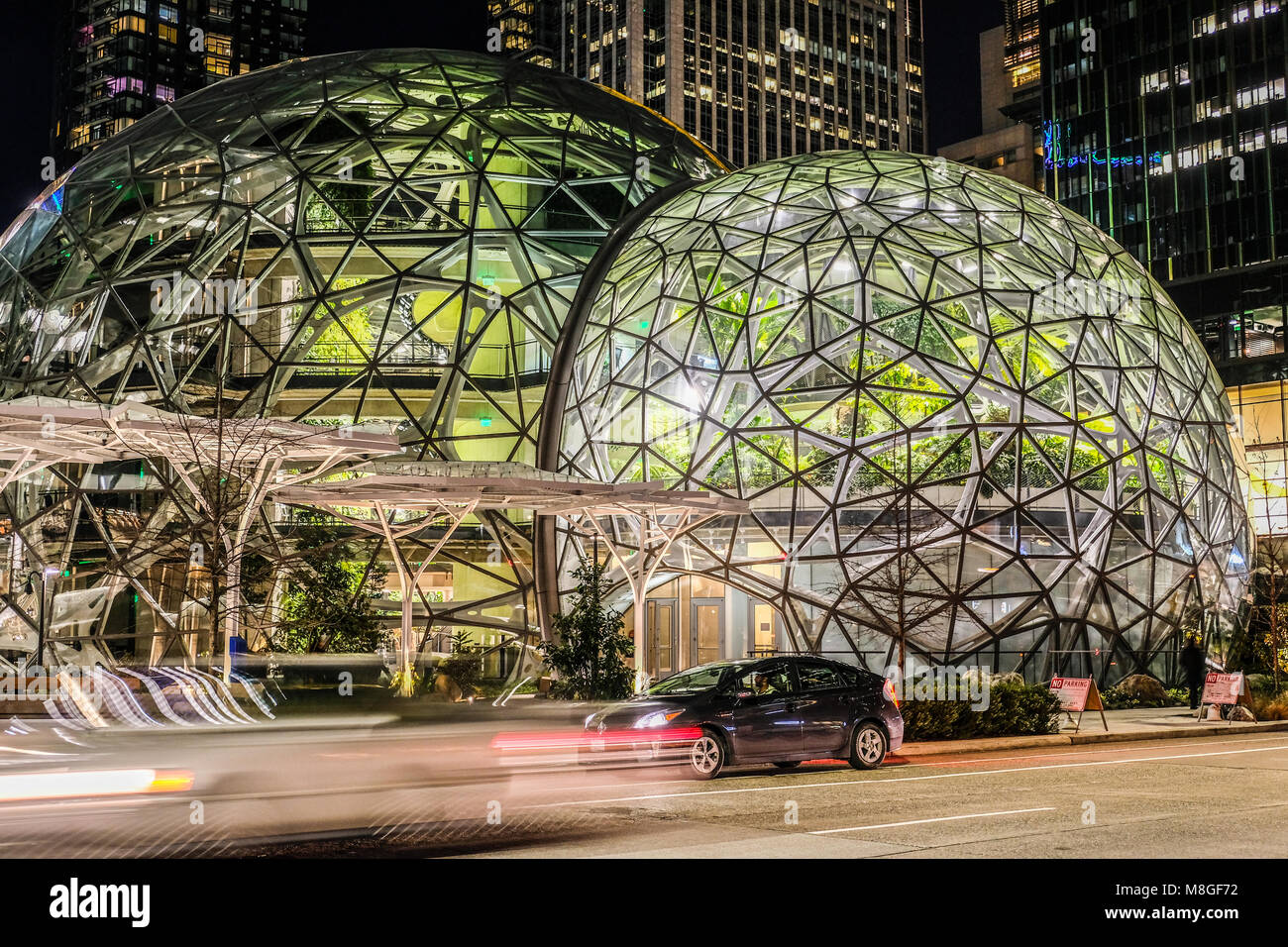 The glass dome Spheres at Amazon headquarter at night in downtown Seattle  Stock Photo - Alamy