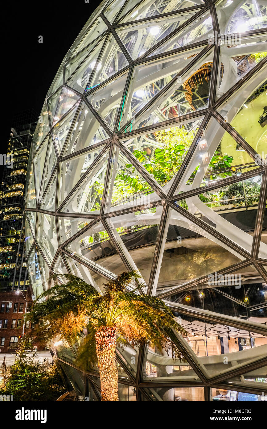 The glass dome Spheres at Amazon headquarter at night in downtown