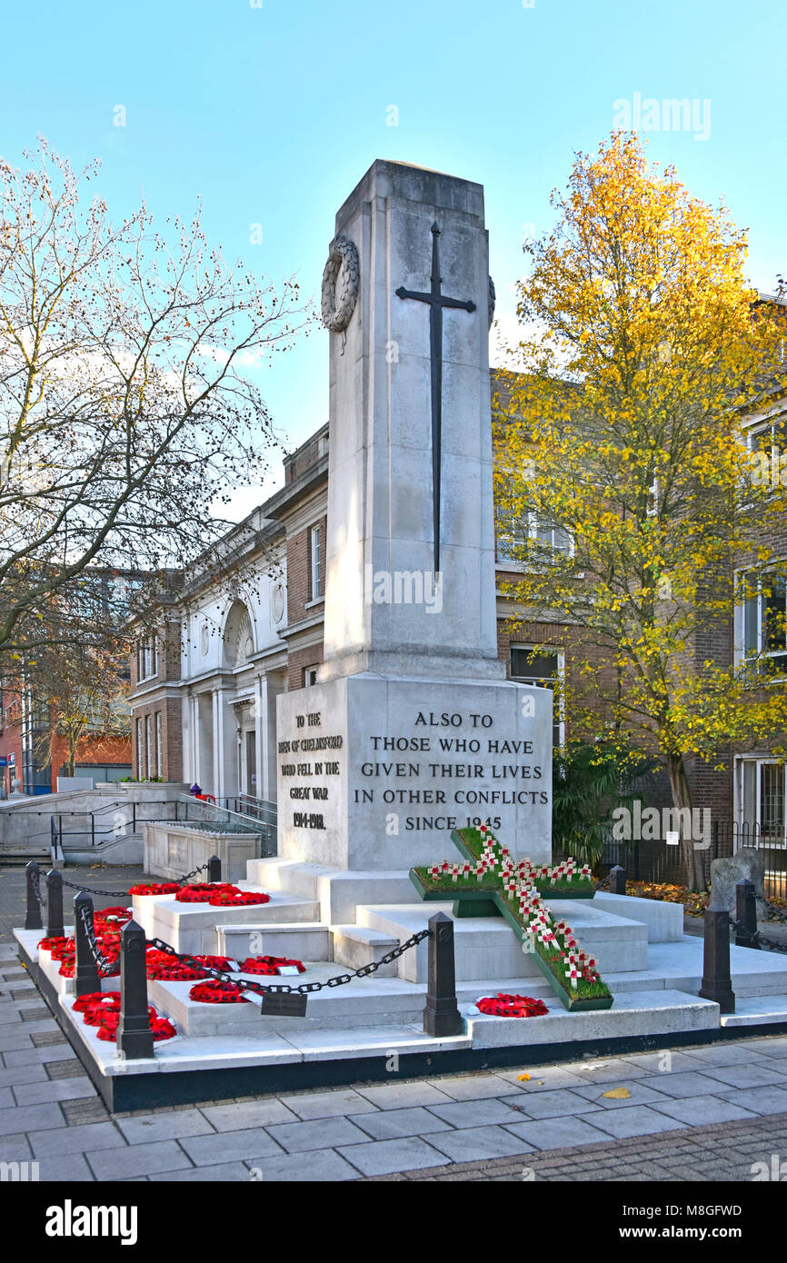 Chelmsford City Essex Civic Centre town centre war memorials after remembrance day event with poppy wreaths & crosses autumn colours England UK Stock Photo