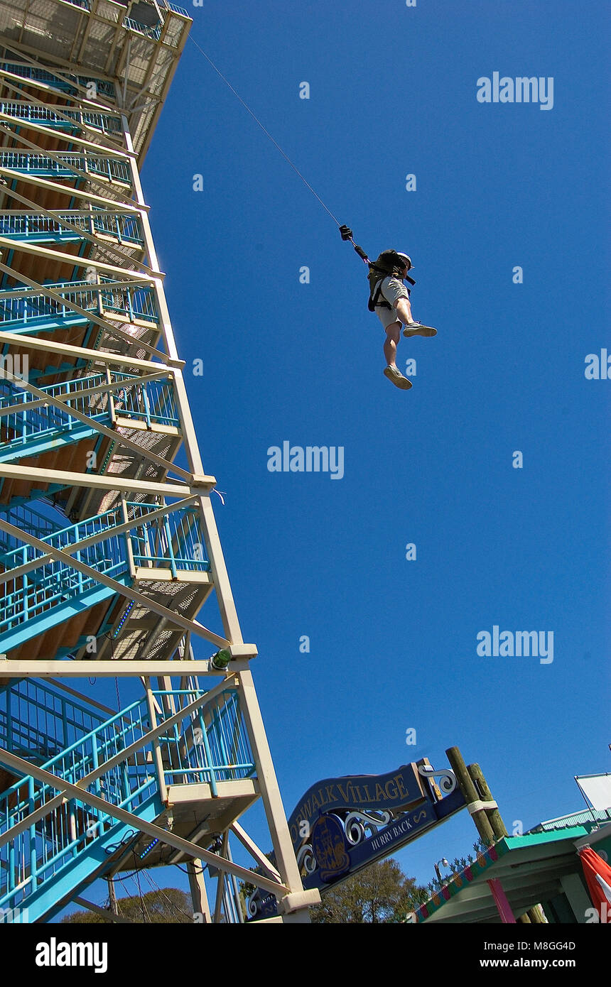 A Man On A Zip Line Jumping From Tower Stock Photo Alamy