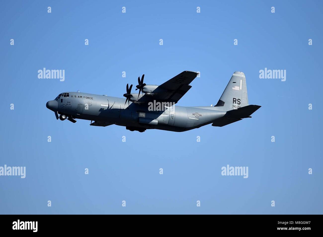A C-130J Super Hercules from Ramstein Air Base, Germany takes-off Mar. 12, 2018 from Little Rock Air Force Base, Ark. Team Little Rock hosted over 65 Airmen from six wings to train together and showcase tactical airlift. Partnerships and interoperability enhance operational effectiveness and mission readiness. (U.S. Air Force photo by Staff Sgt. Dana J. Cable) Stock Photo
