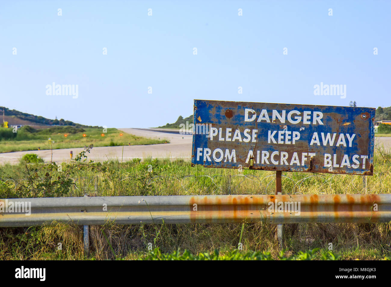 Beware sign on the airport on Skiathos island, Greece Stock Photo