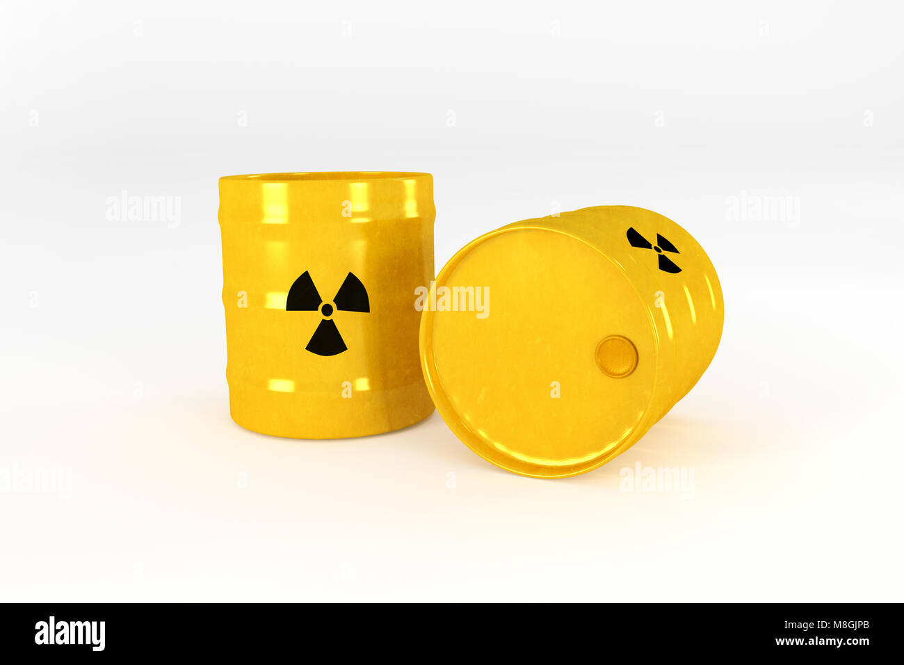 Yellow Radioactive barrels isolated on white background.3d rendering