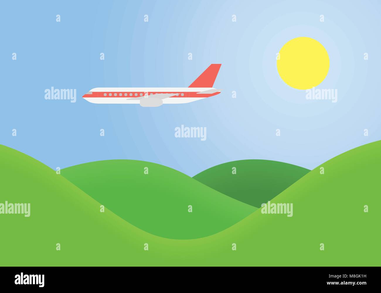 Green landscape with grassy hills and flying airplane on blue sky with sun - vector, suitable for advertising on vacation and travel Stock Vector