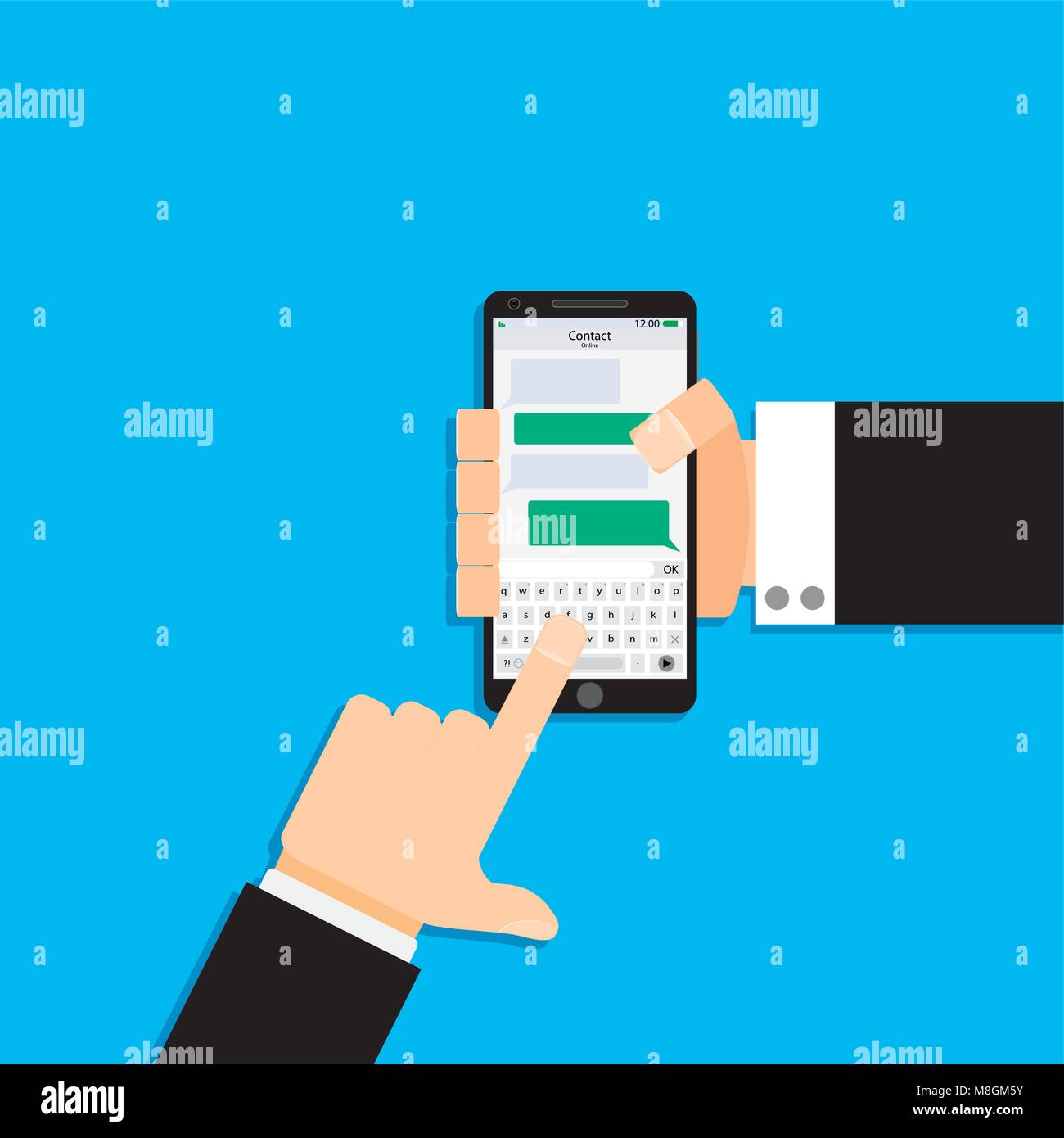 Communicate in messenger using phone. Talking and online chat, people chatting and communication. Vector illustration Stock Vector