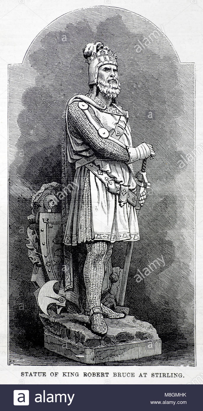 King Robert the Bruce statue at Stirling Scotland, antique engraving from 1877 Stock Photo