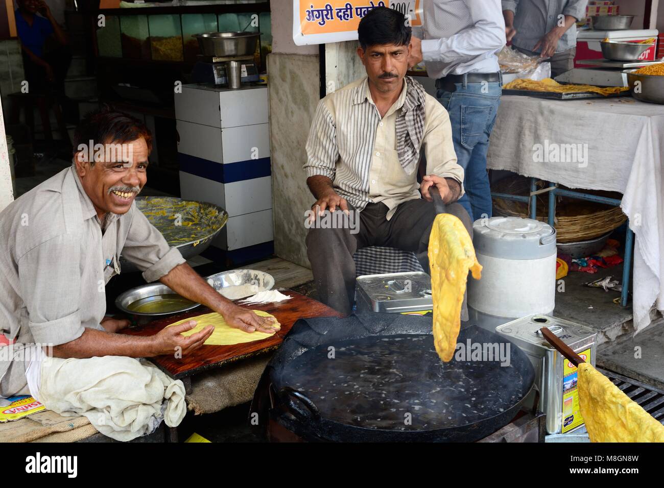 Indian street food of deep fried roti Indian bread Udaiour Rajasthan India Stock Photo