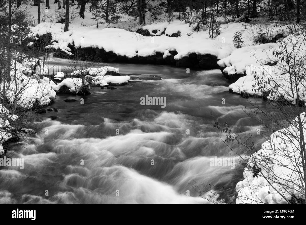 The Rogue River is flowing unfrozen creating whitecaps deep in the forest in winter Stock Photo