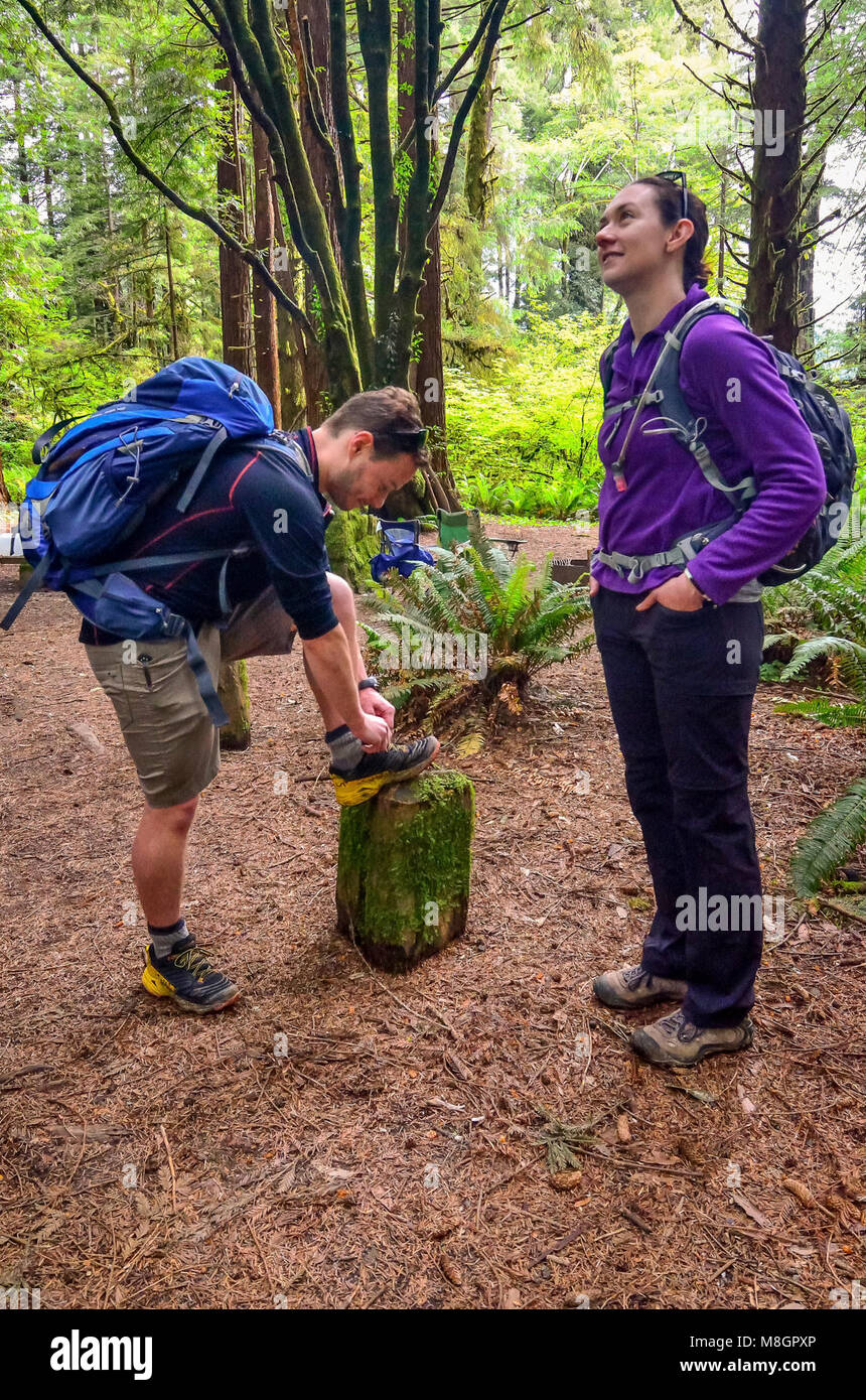 Day-hikers at Elk Prairie Campground   .Campers at Elk Prairie Campground, Prairie Creek Redwoods State Park, CA, Stock Photo