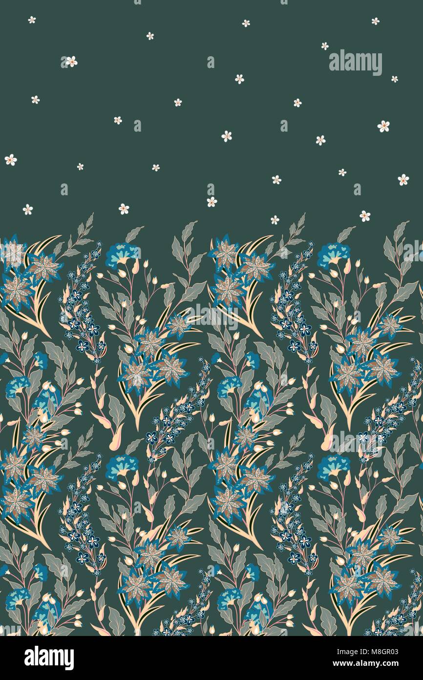 Hand drawn vector seamless border of wild flowers and herbs. Vertical seamless herbal graphic illustration or background. Blue gray Stock Vector