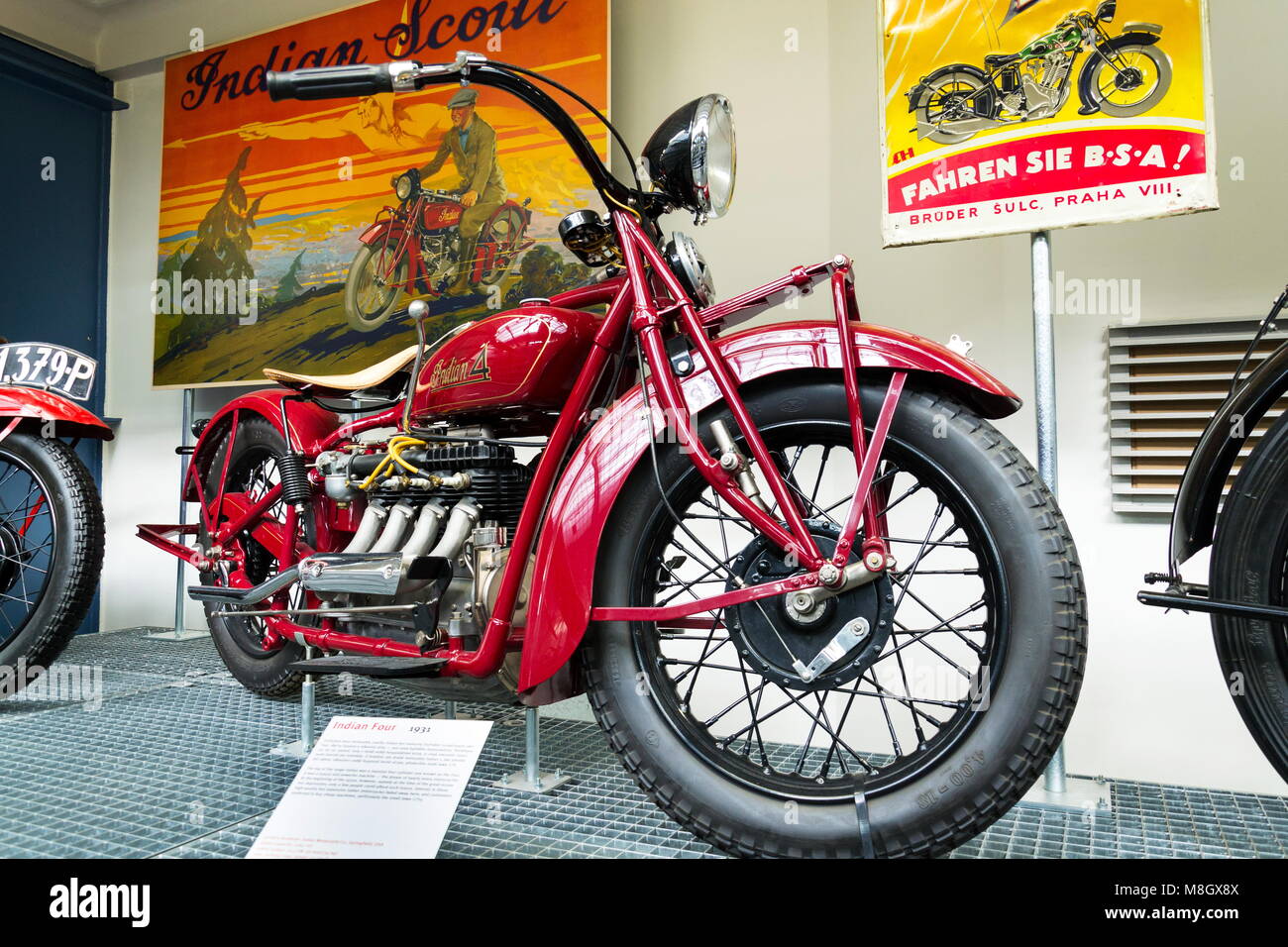 PRAGUE, CZECH REPUBLIC - MARCH 8 2018: American motorcycle Indian Four from year 1931 stands on March 8, 2018 in Prague, Czech Republic. Stock Photo
