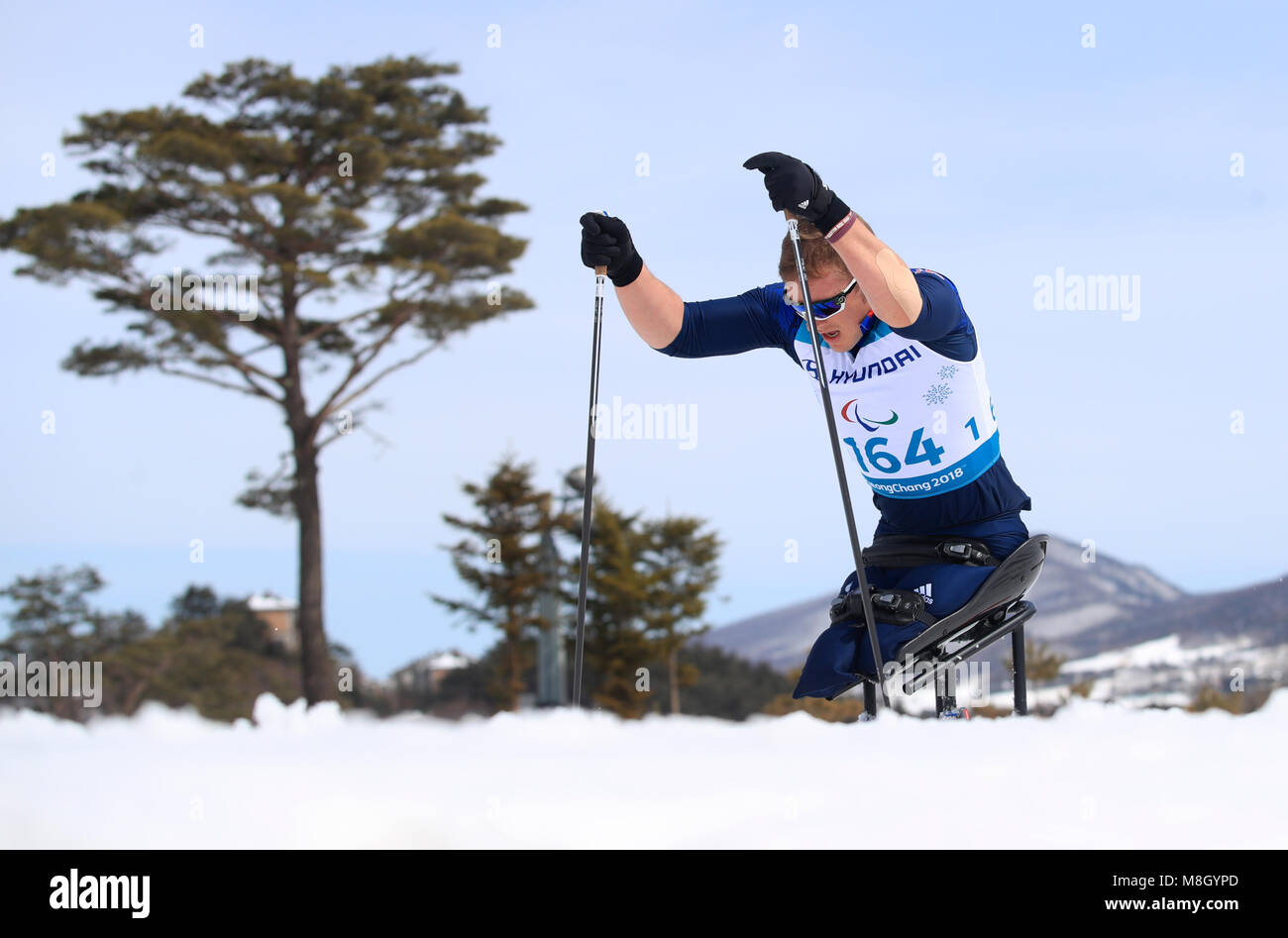 Great Britain's Scott Meenagh competes in the Men's 7.5km, Sitting Cross Country Skiing, at the Alpensia Cross Country Centre during day eight of the PyeongChang 2018 Winter Paralympics in South Korea. Stock Photo