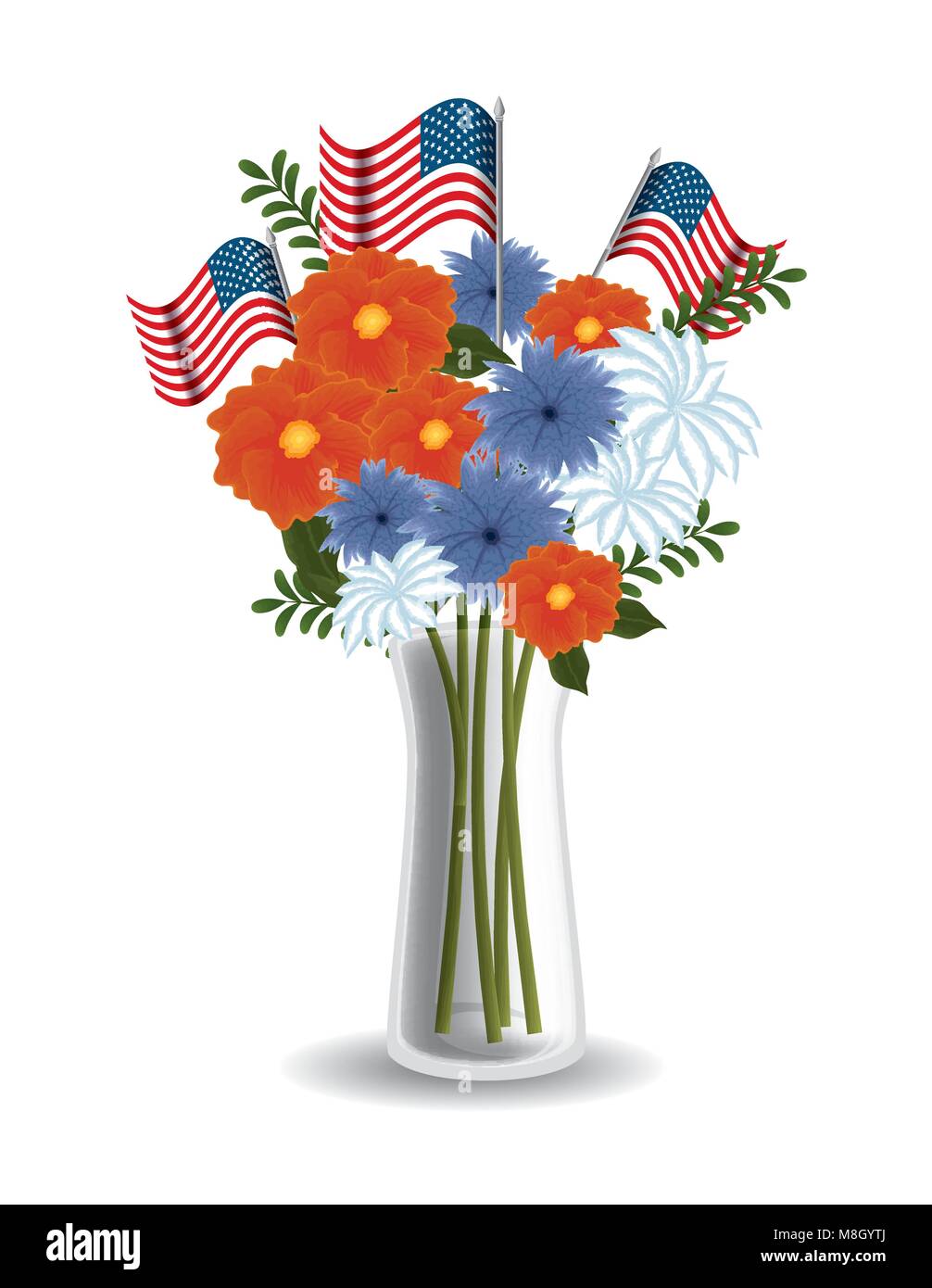 happy memorial day with beautiful flowers and usa flags vector