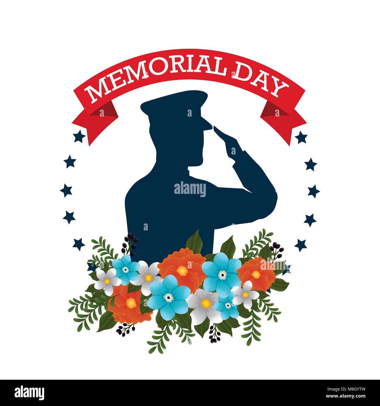 happy memorial day with beautiful flowers and soldier silhouette vector