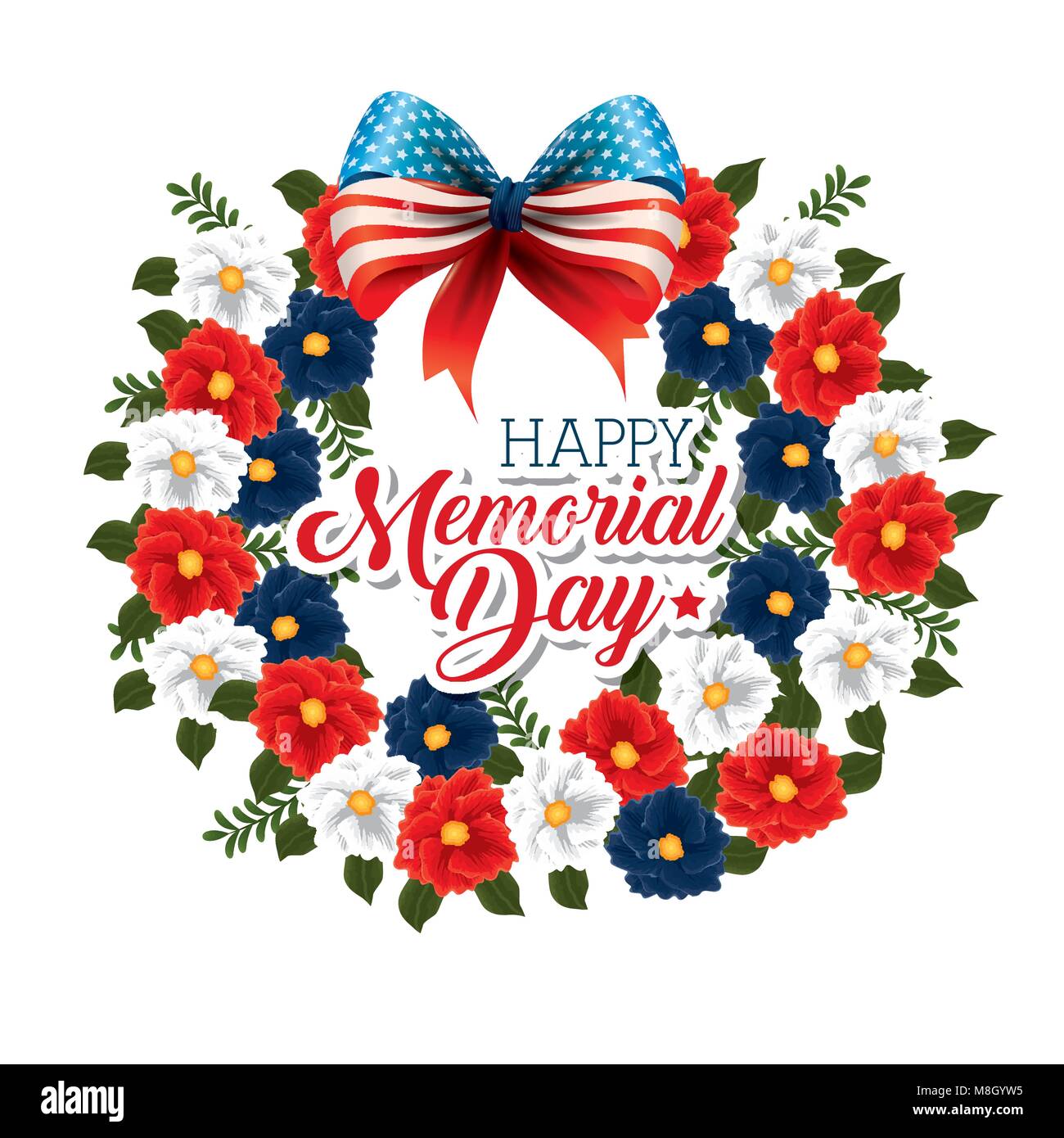 happy memorial day with beautiful flowers and usa flags vector