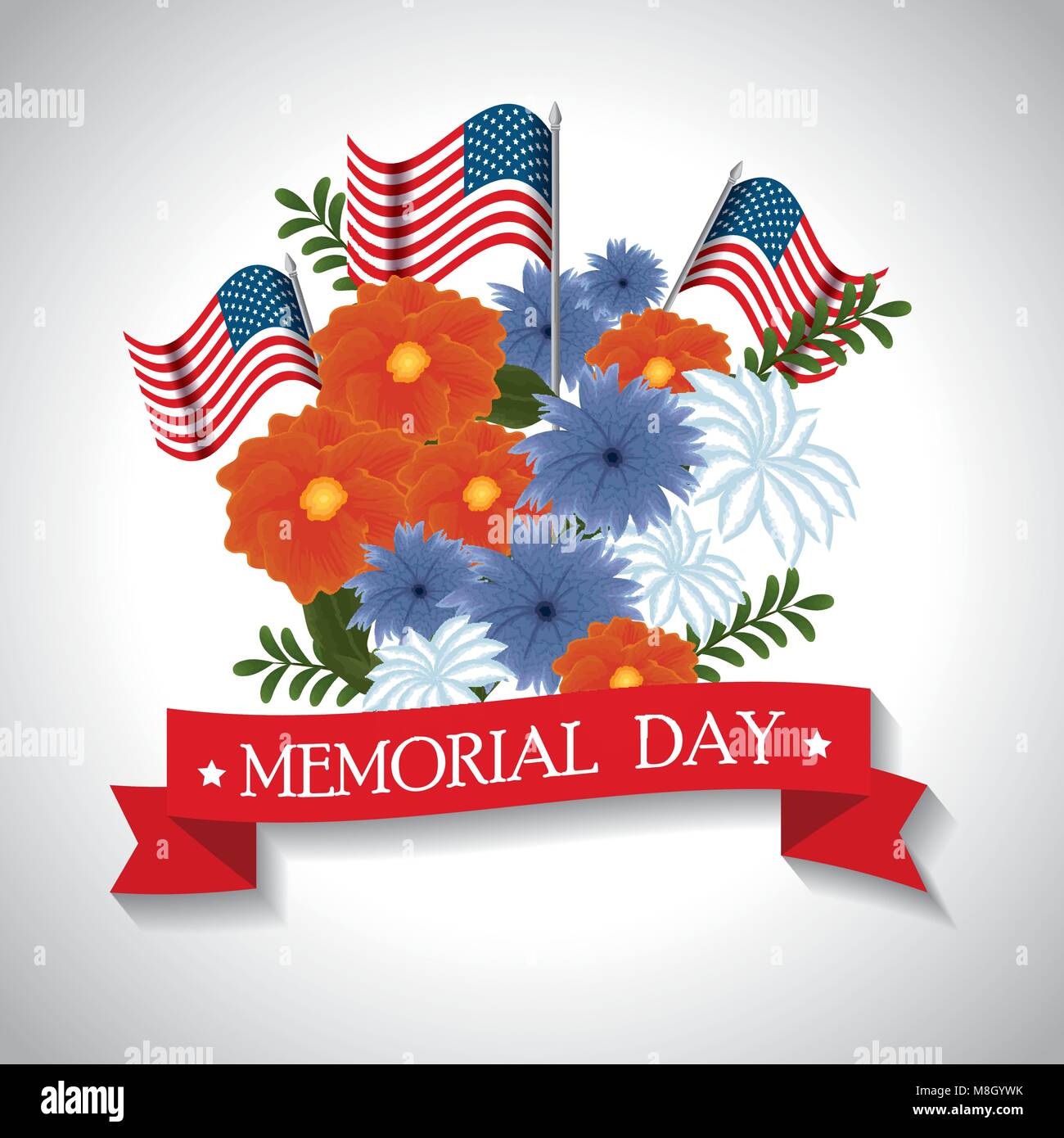 happy memorial day with beautiful flowers and usa flags vector ...