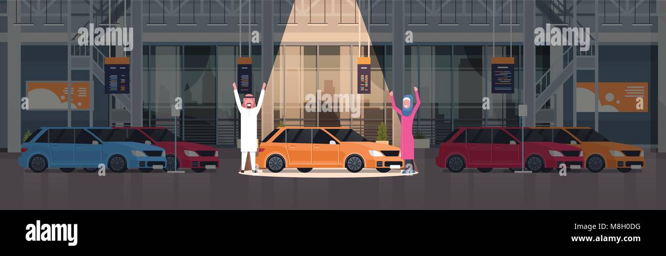 Couple Of Arab Seller Presenting New Car In Dealership Center Showroom