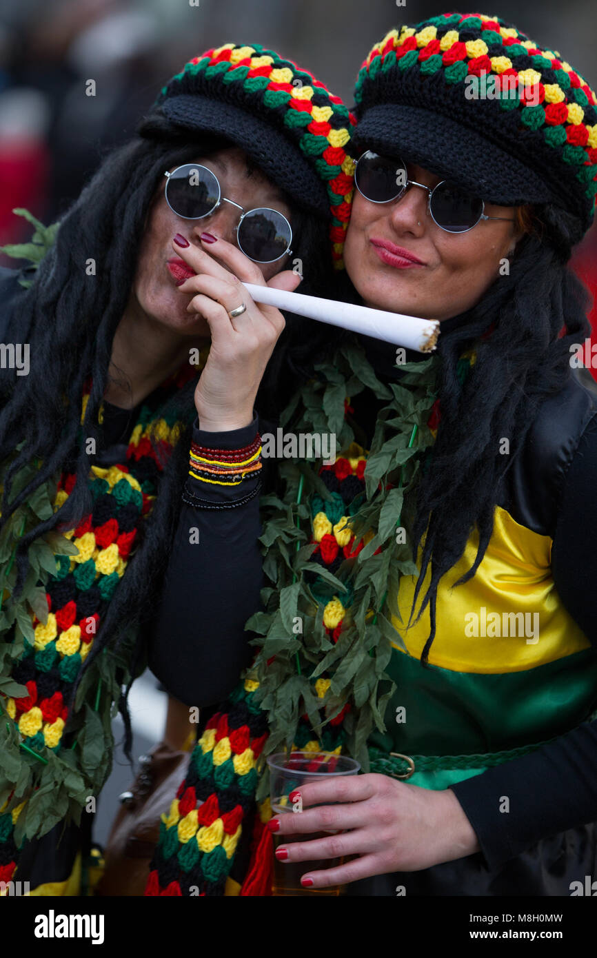 Two young women dressed up for international carnival parade in town Rijeka, Croatia Stock Photo