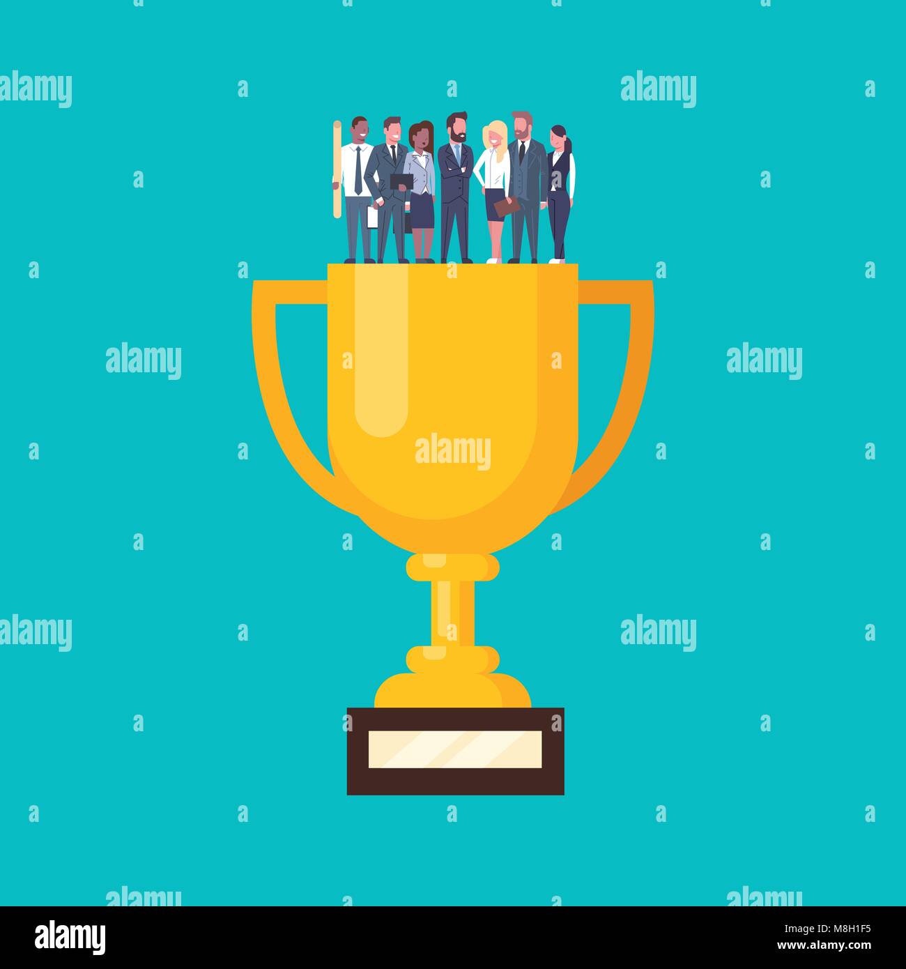 Group Of Successful Business People Standing At Golden Cup ...