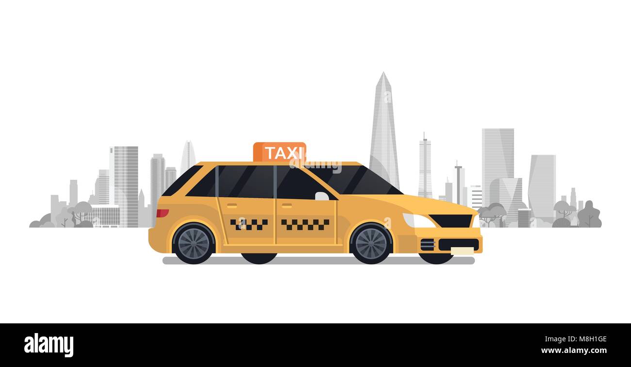 Yellow Taxi Car Cab Over Silhouette City Background Stock Vector