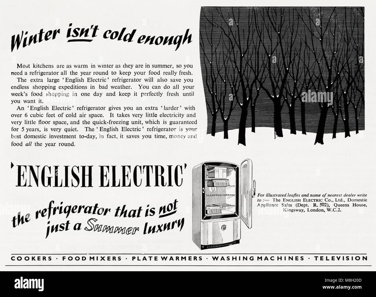 1950s original old vintage advertisement advertising English Electric refrigerator in English magazine circa 1950 Stock Photo