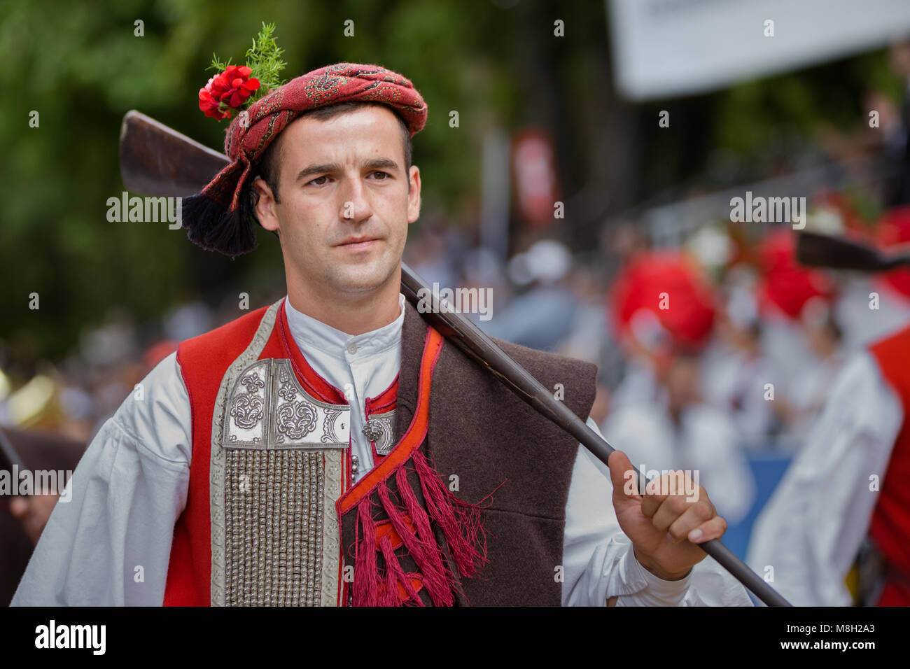 Alkar's squire marchin during Alka tournament in town Sinj, Croatia Stock Photo