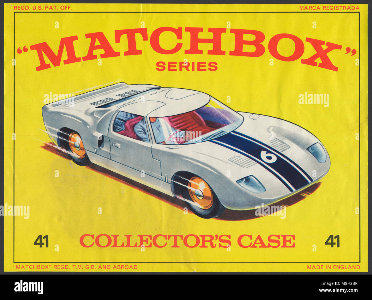 Matchbox Series diecast toy car carrying case front.  Features Lesney Matchbox artwork from the Sixties of a Ford GT40.  Issued in 1966, this model was Matchbox's best selling model of the time.  The carry case was designed to hold a couple of dozen models inside. Stock Photo