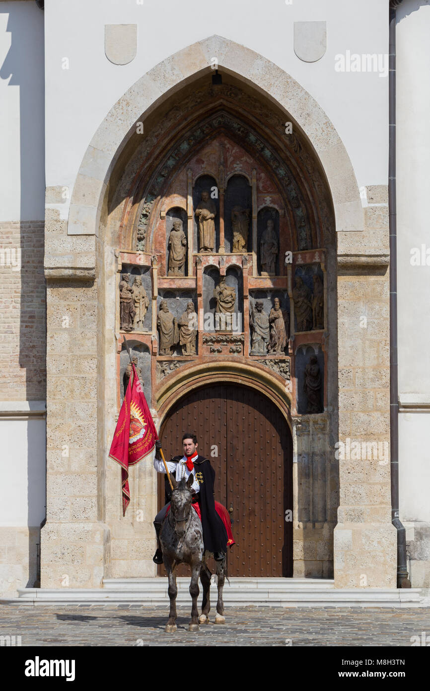 A memeber of honorary cravat regiment during guard change in front of the St. Mark's church in Zagreb, Croatia Stock Photo