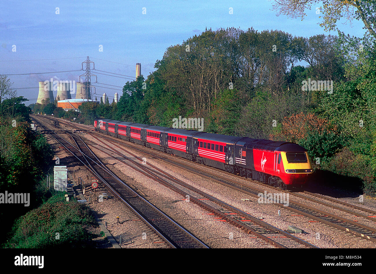 A Virgin Cross Country HST formed of power cars 43092 and 43160 approaching Fulscot Bridge, Didcot on the 9th November 2001. Stock Photo