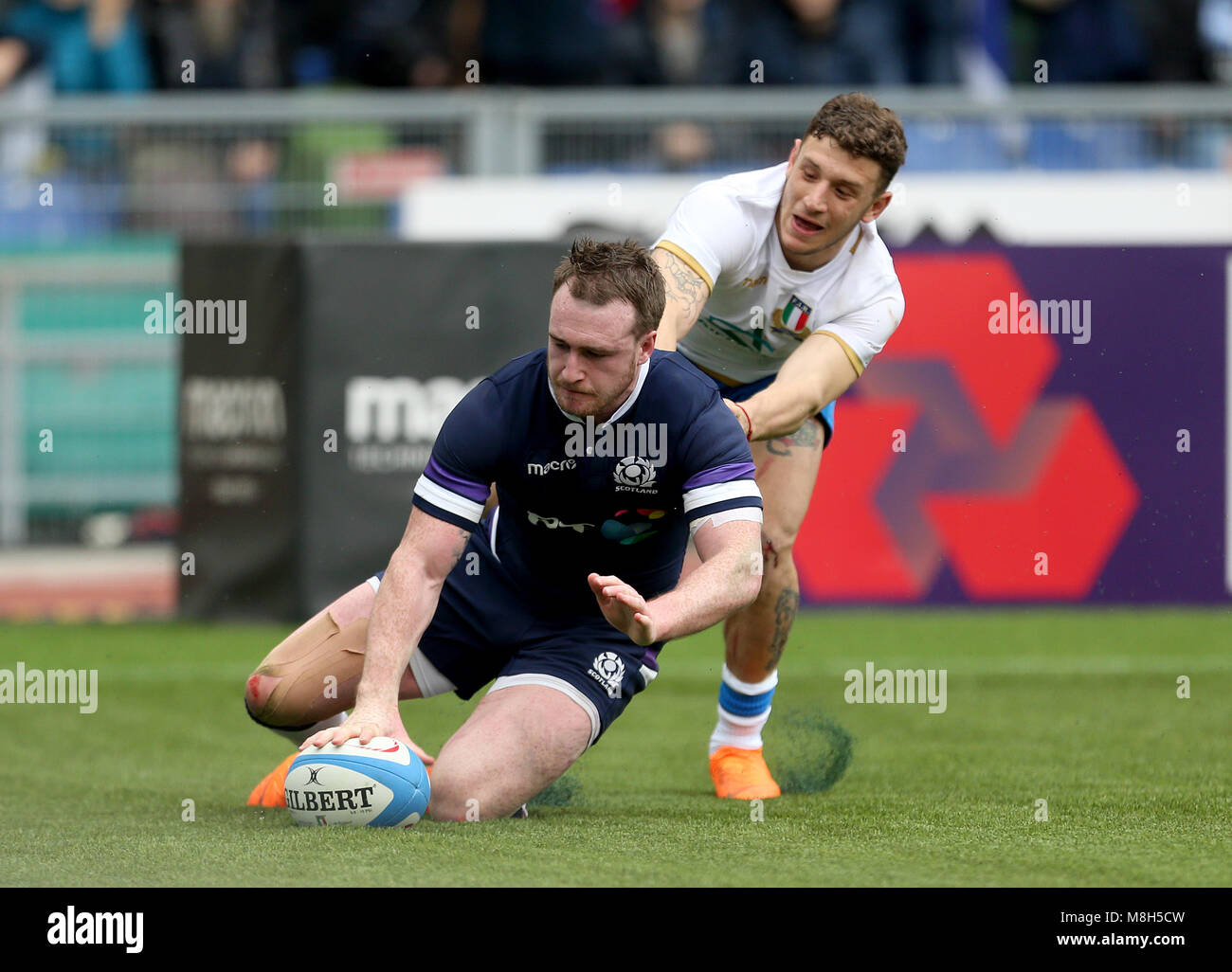 Scotland's Stuart Hogg scores his side's fourth try during the NatWest ...
