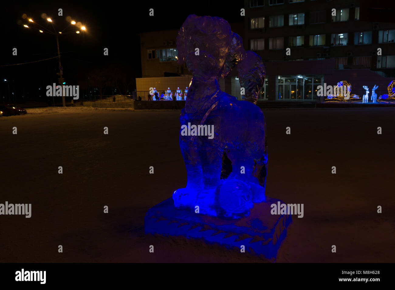 Beautiful sculptures of ice. Ice sculptures night illuminated with ...