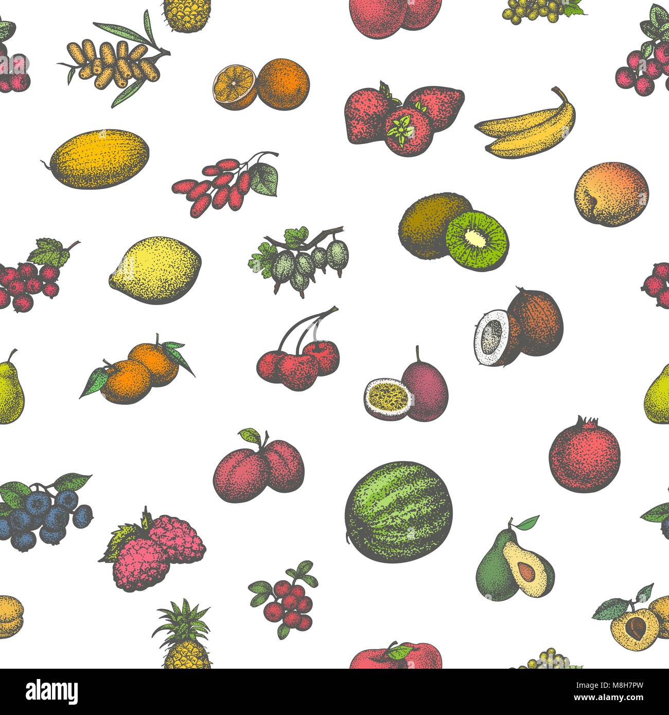 Colored seamless pattern big set juicy ripe fruit Stock Vector