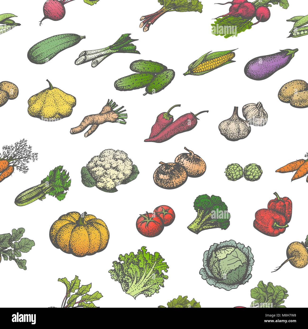 Colored seamless pattern set juicy ripe vegetables Stock Vector