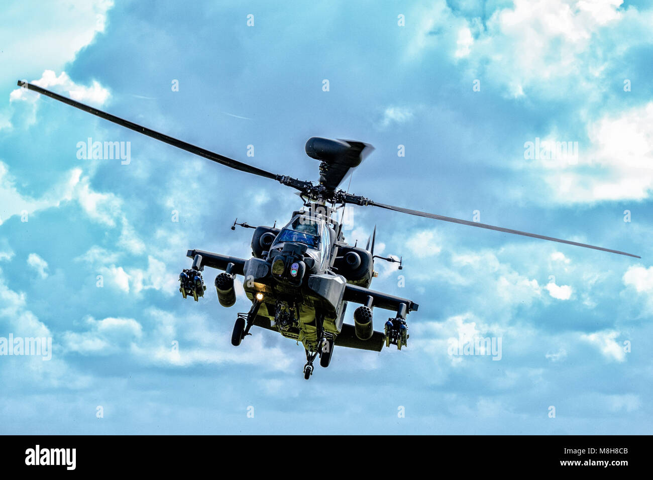 An Apache helicopter performs a short set of manoeuvres for Prince Henry of Wales KCVO and new graduates at the Museum of Army Flying, Middle Wallop on Friday 16 March, 2018. Stock Photo