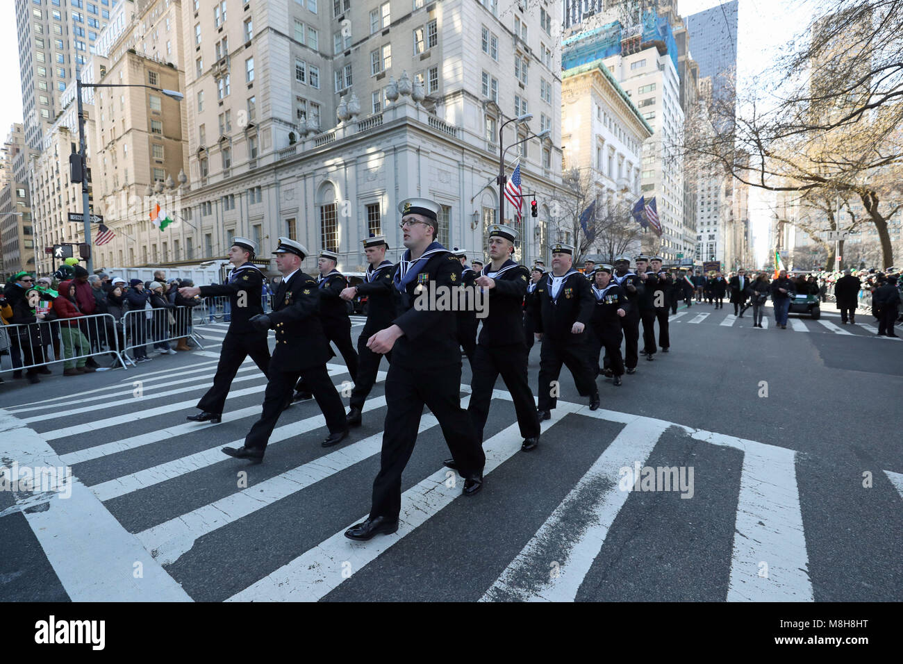 Members of the Irish Naval Reserve marching in the St Patrick's Day parade on 5th Avenue in New York City. Stock Photo