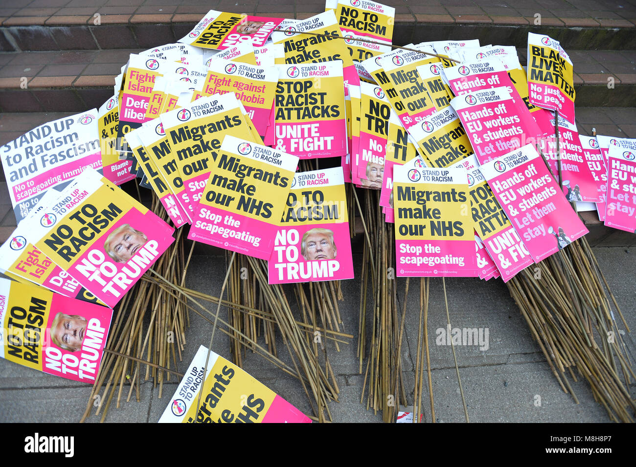 Placards ready to be used in an anti-racism rally in Glasgow organised by Stand up to Racism Scotland. Stock Photo