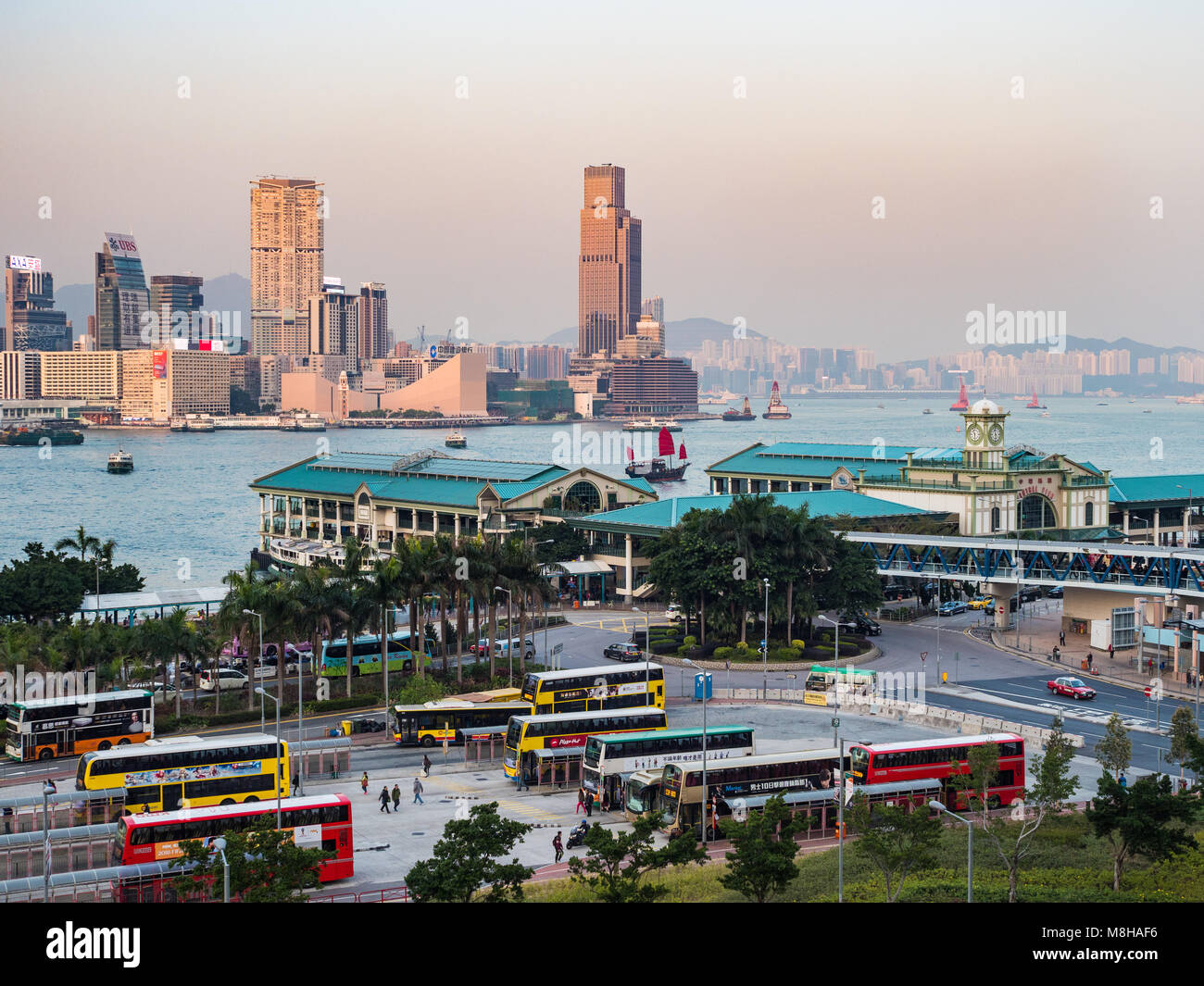 Hong Kong Star Ferry Bus Terminus near the Star Ferry jetty on Hong Kong Island Stock Photo