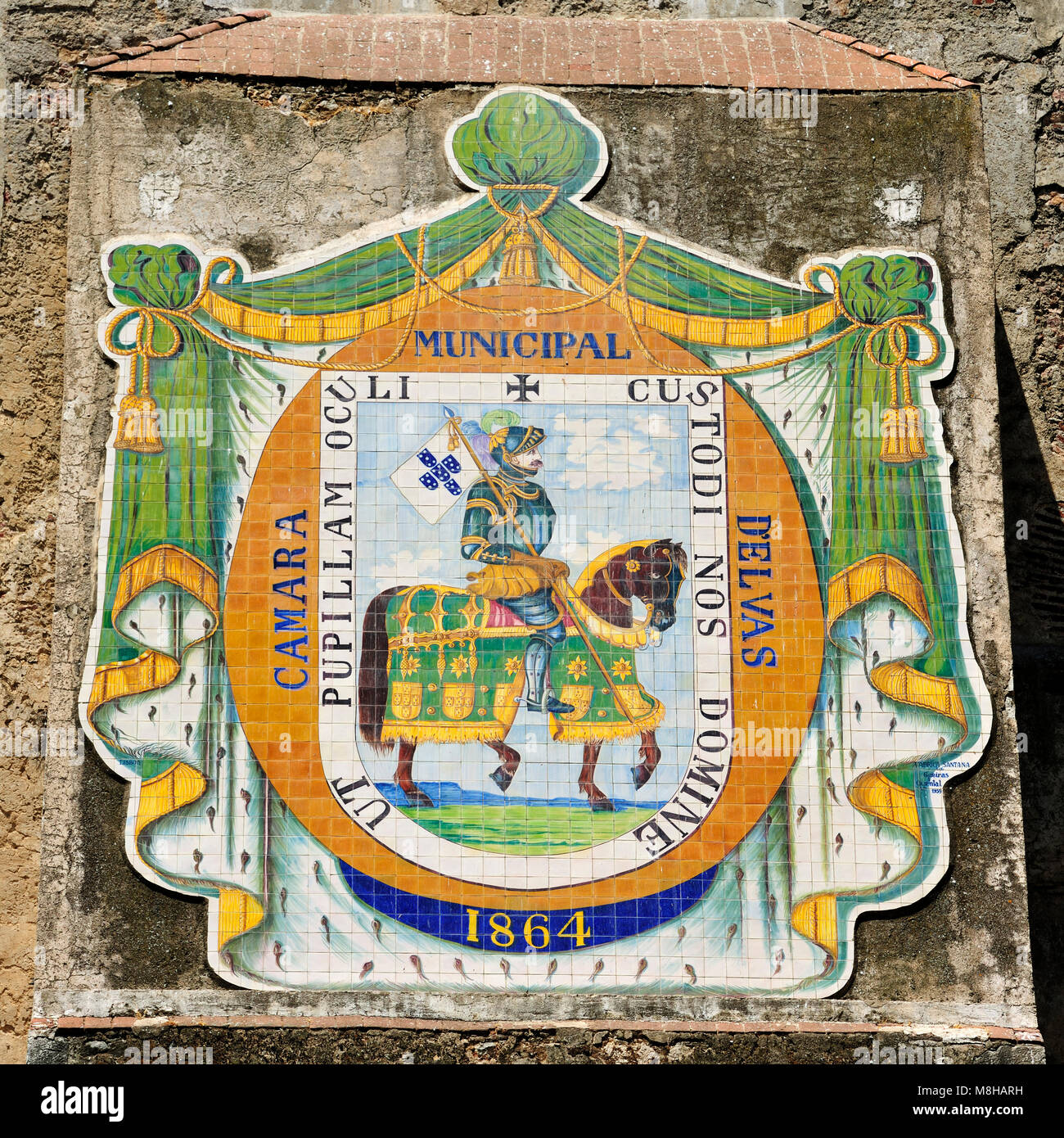Ceramic tiles on the aqueduct of Amoreiras (16th century), a Unesco World Heritage Site. Elvas, Portugal Stock Photo