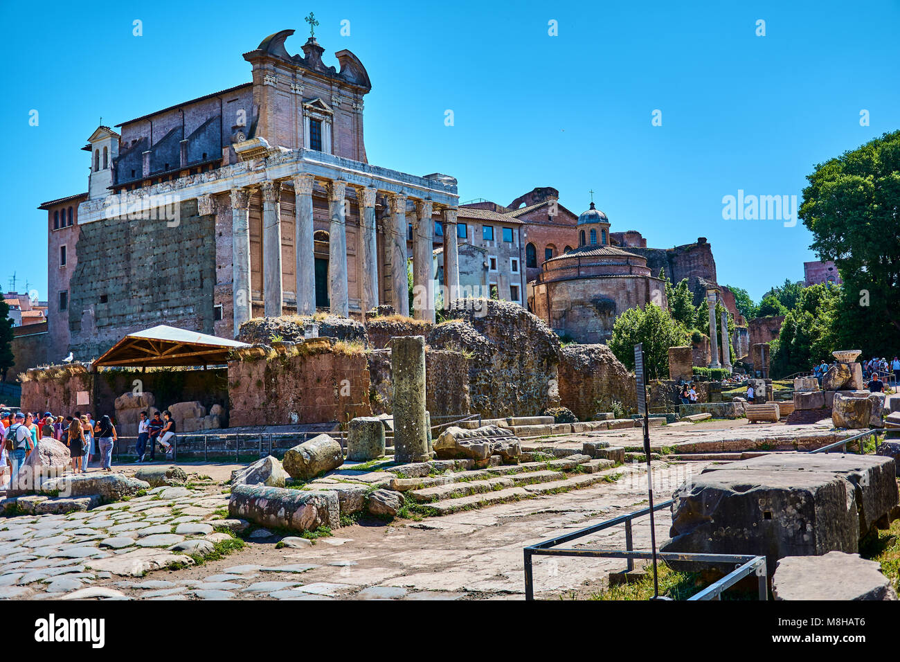 ROME, ITALY - MAY 17, 2017: View of the temple of Antoninus and Faustina at the Roman Forum in Rome. Stock Photo