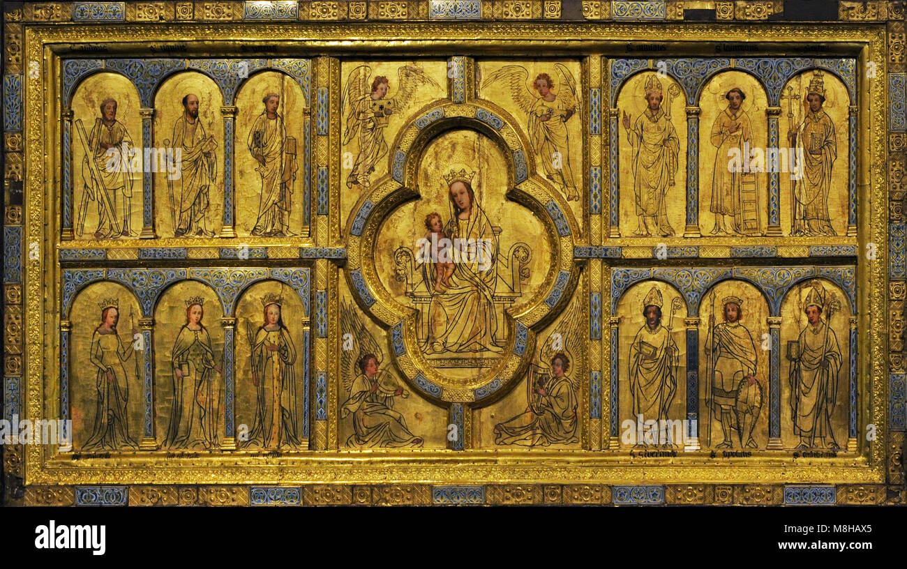 Golden panel from st. Ursula. Cologne, c. 1170. Painting: 15th century and 1844. Oak, gilt copper, cast bronze, with enamel, stucco and opaque paint. Museum Schnütgen. Cologne, Germany. Stock Photo