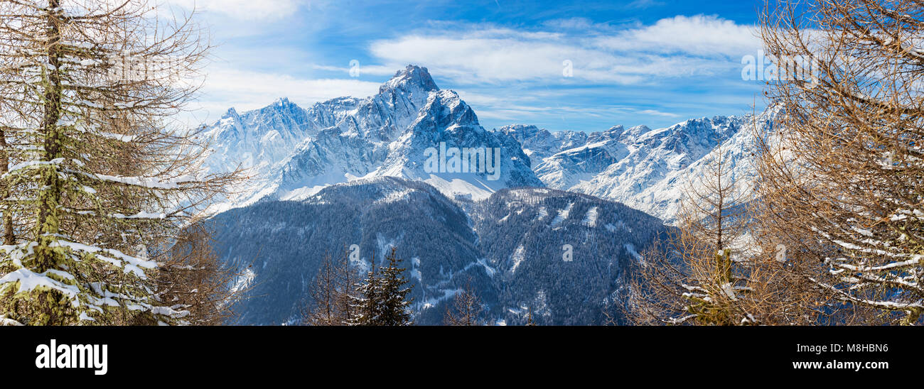 Panoramic image of the Dolomiti peaks in the  beautiful Winter time of the year, seen from Montâ€™Elmo, San Candido, Italy Stock Photo