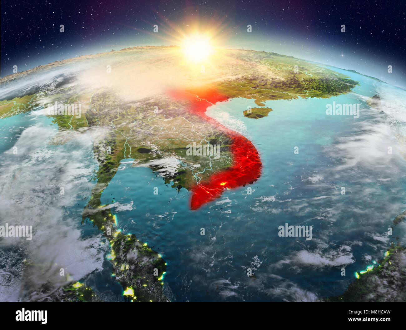 Satellite view of Vietnam highlighted in red on planet Earth with clouds during sunrise. 3D illustration. Elements of this image furnished by NASA. Stock Photo