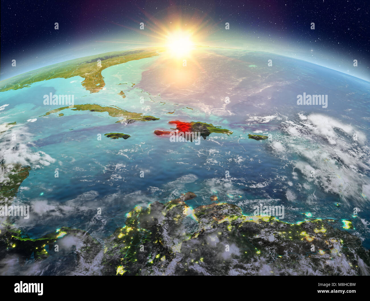 Satellite view of Haiti highlighted in red on planet Earth with clouds ...