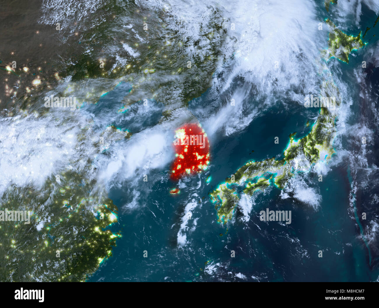 Country of South Korea in red on planet Earth with clouds at night. 3D ...