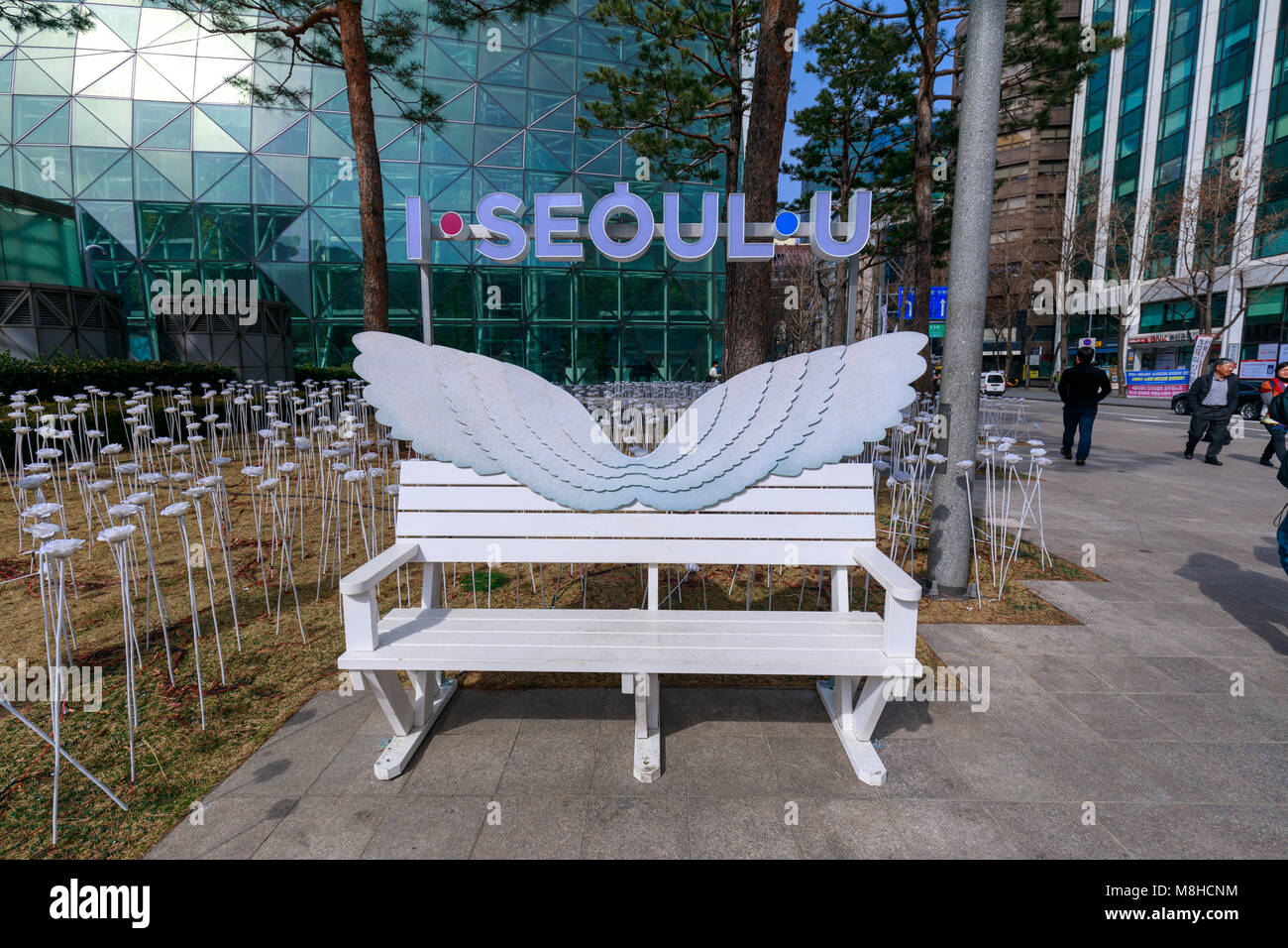 Seoul, South Korea - March 6, 2018 : Street bench with I SEOUL U, which is the new slogan for Seoul city in South Korea Stock Photo