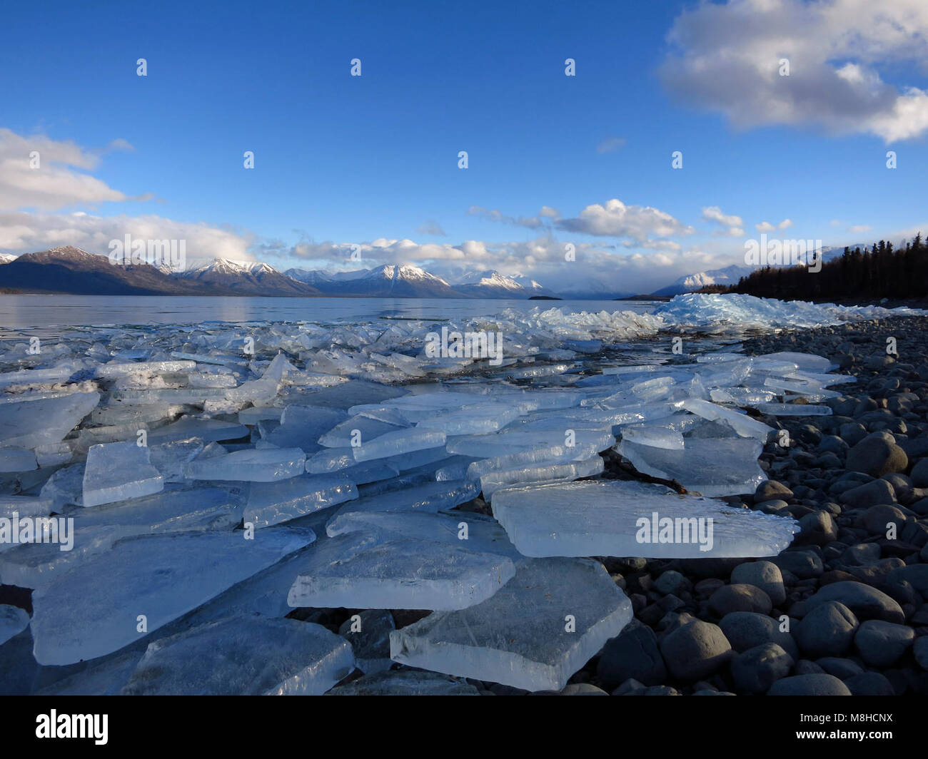Ice Breakup. Shards of ice on the beach at Lake Clark as spring creeps in at the end of winter Stock Photo