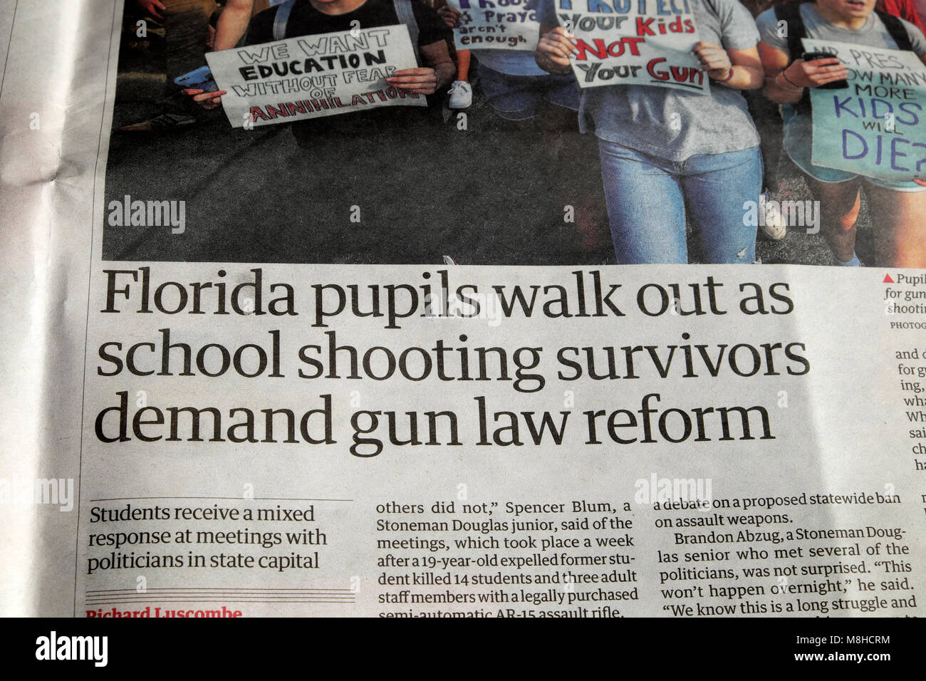 Guardian newspaper headline US article 'Florida pupils walk out as school shooting survivors demand gun law reform'  in USA  America 2018 London UK Stock Photo