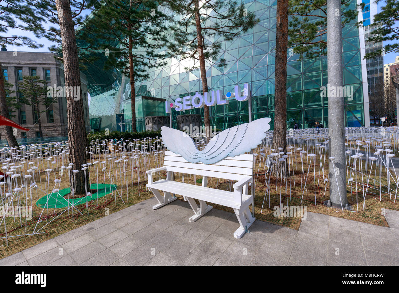 Seoul, South Korea - March 6, 2018 : Street bench with I SEOUL U, which is the new slogan for Seoul city in South Korea Stock Photo