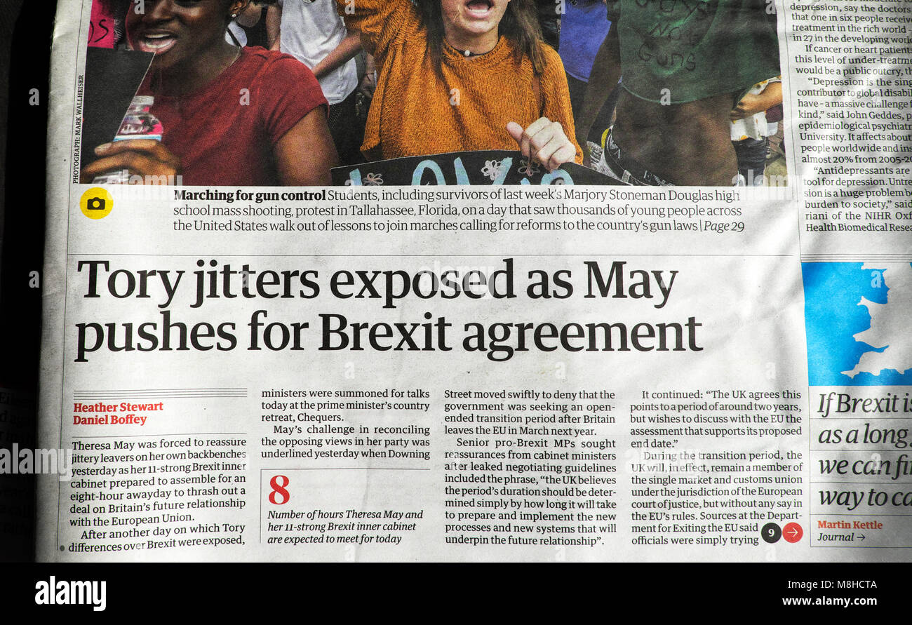 'Tory jitters exposed as May pushes for Brexit agreement' Guardian newspaper article headline 21 February 2018  London England UK Stock Photo